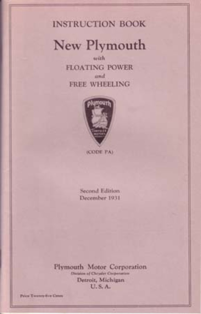 1931 Plymouth Pa Code Instruction Owners Manual User Guide Operator Book