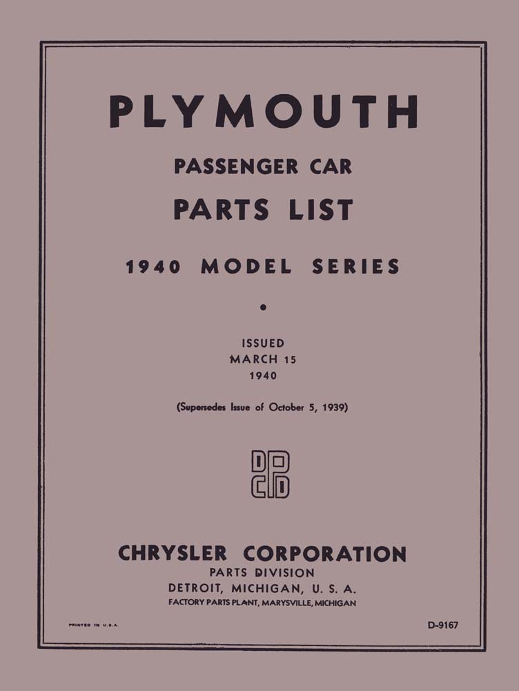 1940 Plymouth Parts Numbers Book List Guide Catalog Interchange Drawing Factory