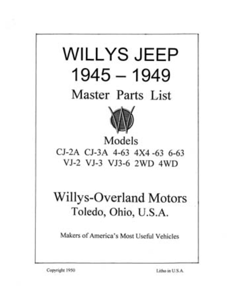 1945 1946 1947 1948 1949 Jeep Willys Parts Numbers List Interchange Factory