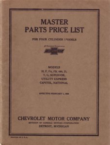 1916 1926 1927 1928 Chevrolet 4 Cyl Parts Numbers Book List Guide Interchange