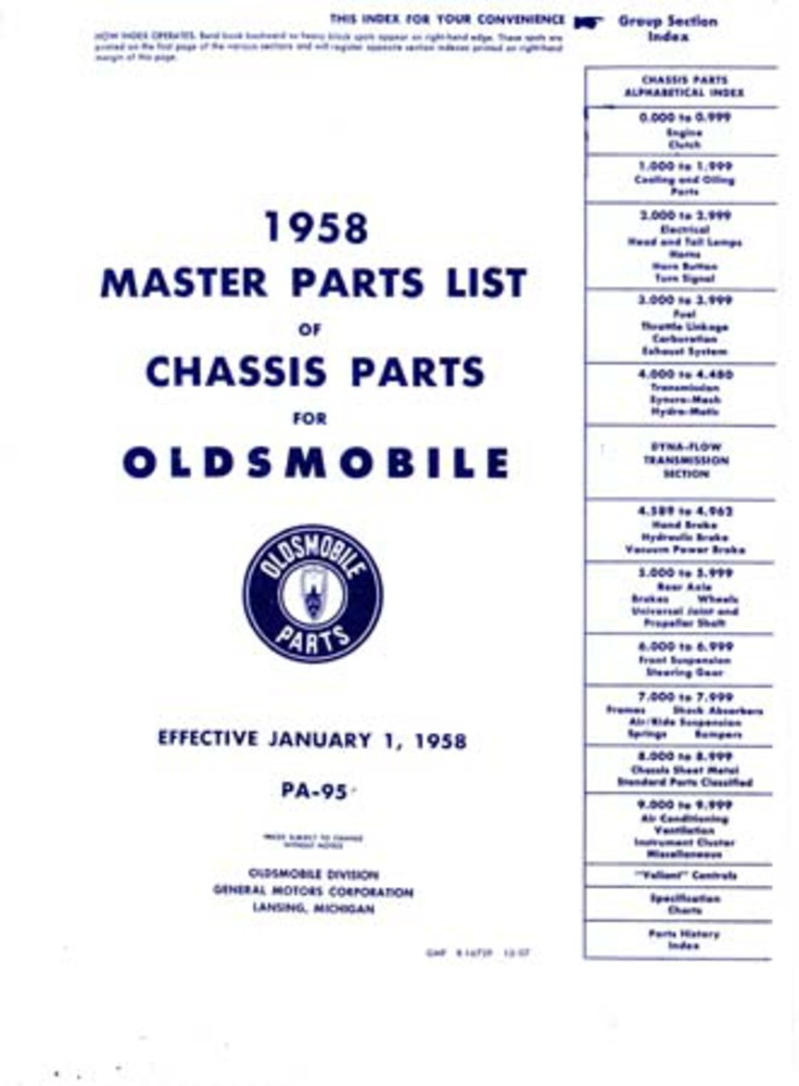 1952 1955 1956 1957 1958 Oldsmobile Parts Numbers Book List Guide Interchange