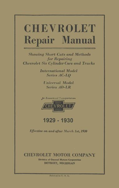 1929–1930 Chevrolet CAR TRUCK - CHASSIS Factory Shop Service Manual