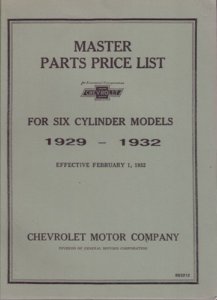 1929 1930 1931 1932 Chevrolet 6 Cyl Parts Numbers Book List Guide Interchange