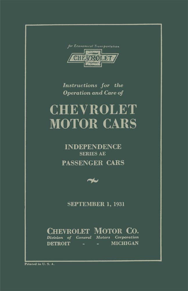 1931 Chevrolet Independence Ae Owners Manual User Guide