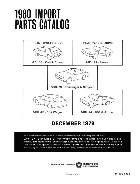 1980 Dodge Truck Challenger, Colt, Ram 50, Arrow, Champ Parts Book