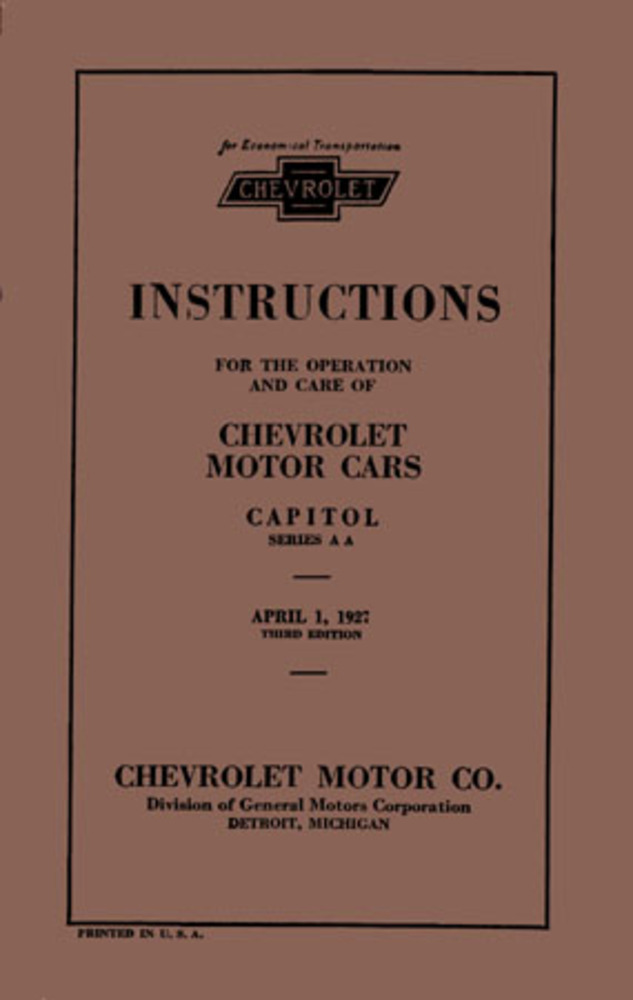 1927 Chevrolet Car Truck Owners Manual User Guide