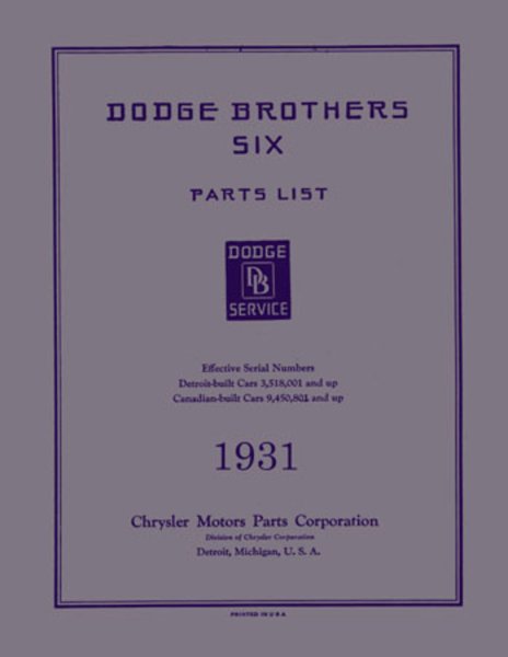1931 Dodge All Models Parts Book
