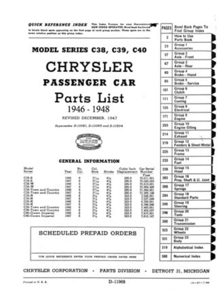 1946 1947 1948 Chrysler Part Numbers Book List Guide Interchange Illustrations